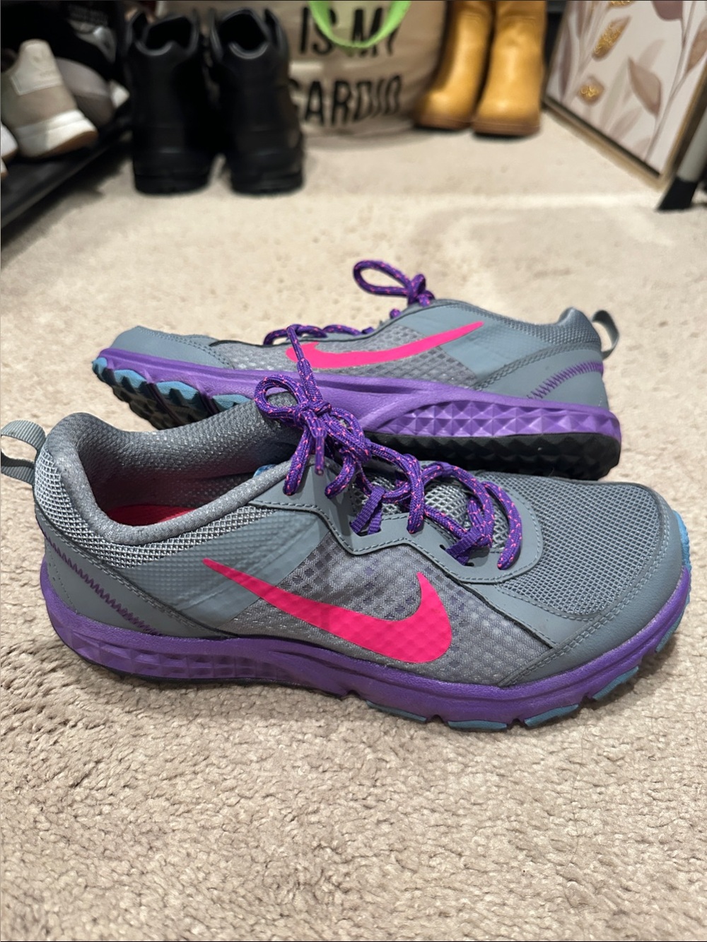 Nike Gray Wild Trail Running Shoes with Pink Swoosh and Purple Accents Like New